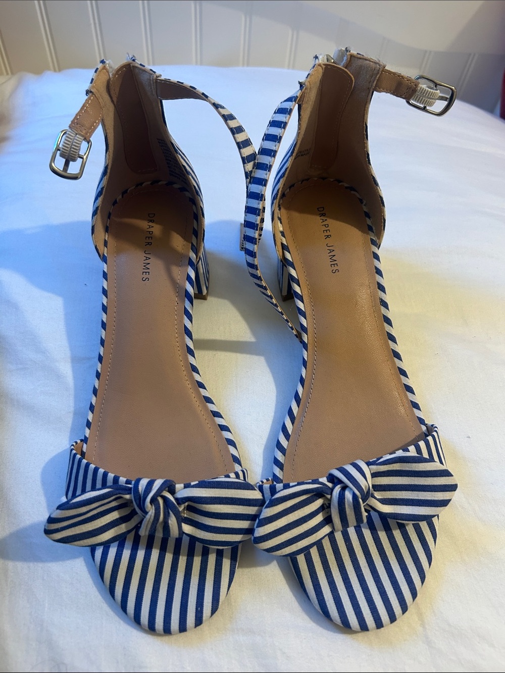 Draper James Blue and White Striped Bow Ankle-Strap Heels